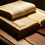 **An old, yellowed book with light shining on it, revealing characters like Hamlet and Emma Bovary. The scene evokes a sense of mystery and the timelessness of classic literature. Focus on warm tones and a vintage aesthetic.**