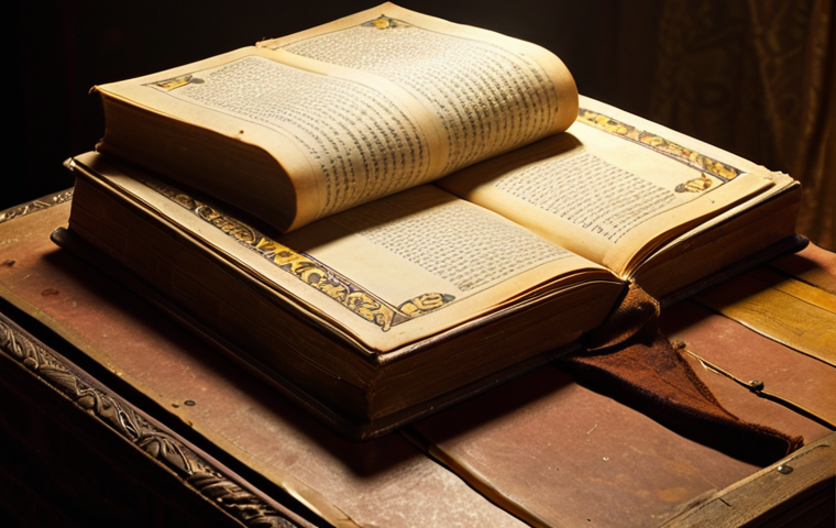 **An old, yellowed book with light shining on it, revealing characters like Hamlet and Emma Bovary. The scene evokes a sense of mystery and the timelessness of classic literature. Focus on warm tones and a vintage aesthetic.**