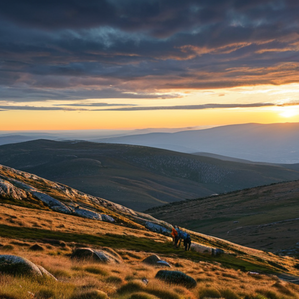 Romantic Landscape**

"A vast, wild landscape in Serra da Estrela, Portugal. Rolling hills, dramatic skies at sunset, evoking a sense of freedom and connection with nature. Fully clothed hikers in the distance, appropriate attire. Safe for work. Perfect anatomy, natural proportions, professional landscape photography, high quality, family-friendly."

**