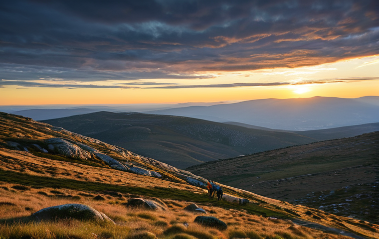 Romantic Landscape**
"A vast, wild landscape in Serra da Estrela, Portugal. Rolling hills, dramatic skies at sunset, evoking a sense of freedom and connection with nature. Fully clothed hikers in the distance, appropriate attire. Safe for work. Perfect anatomy, natural proportions, professional landscape photography, high quality, family-friendly."
**