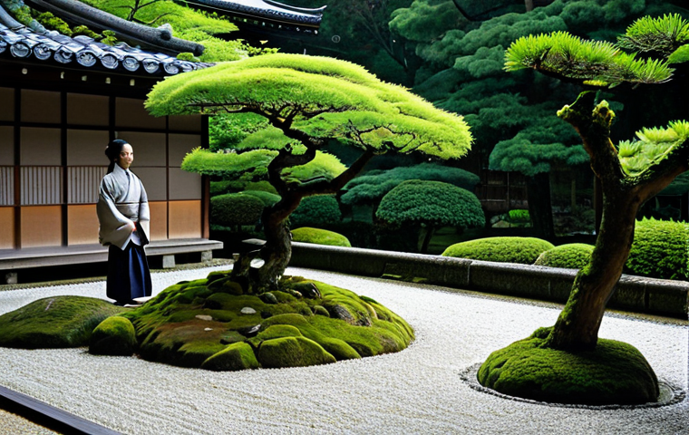 일본 문학과 한국 문학 비교 - **
"A serene Zen garden in Kyoto, Japan, with meticulously raked gravel, moss-covered stones, and c...