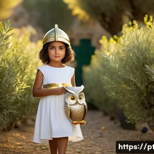 Home 26 문학과 신화 - **A young girl (approximately 7 years old) dressed as Athena, the Greek goddess of wisdom and warfar...
