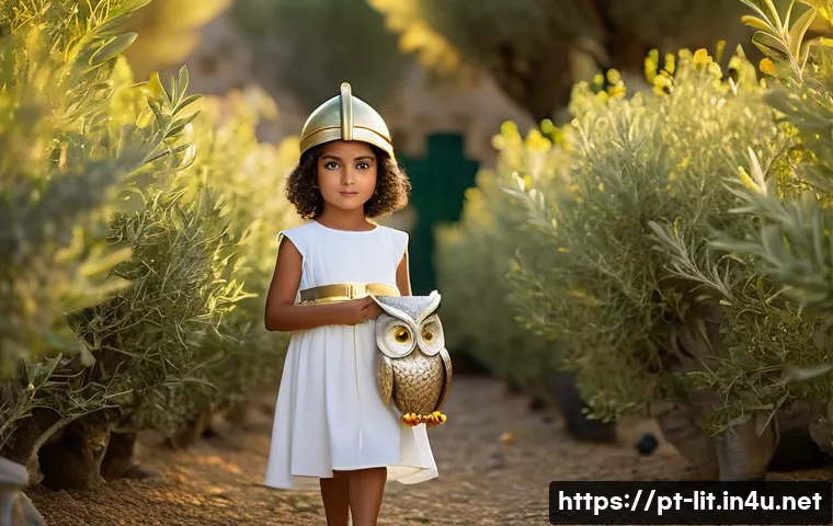 문학과 신화 - **A young girl (approximately 7 years old) dressed as Athena, the Greek goddess of wisdom and warfar...