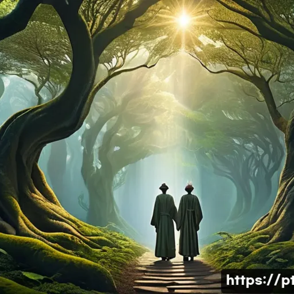 문학과 철학의 관계 - **Prompt 1: The Confluence of Wisdom**
"An enchanting and allegorical scene depicting two gracef...