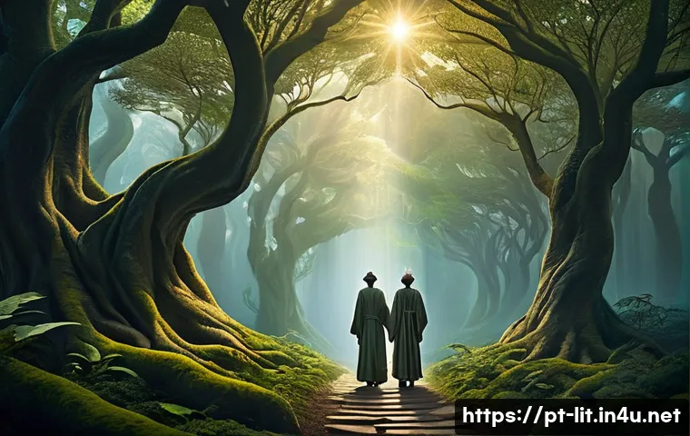 문학과 철학의 관계 - **Prompt 1: The Confluence of Wisdom**
"An enchanting and allegorical scene depicting two gracef...