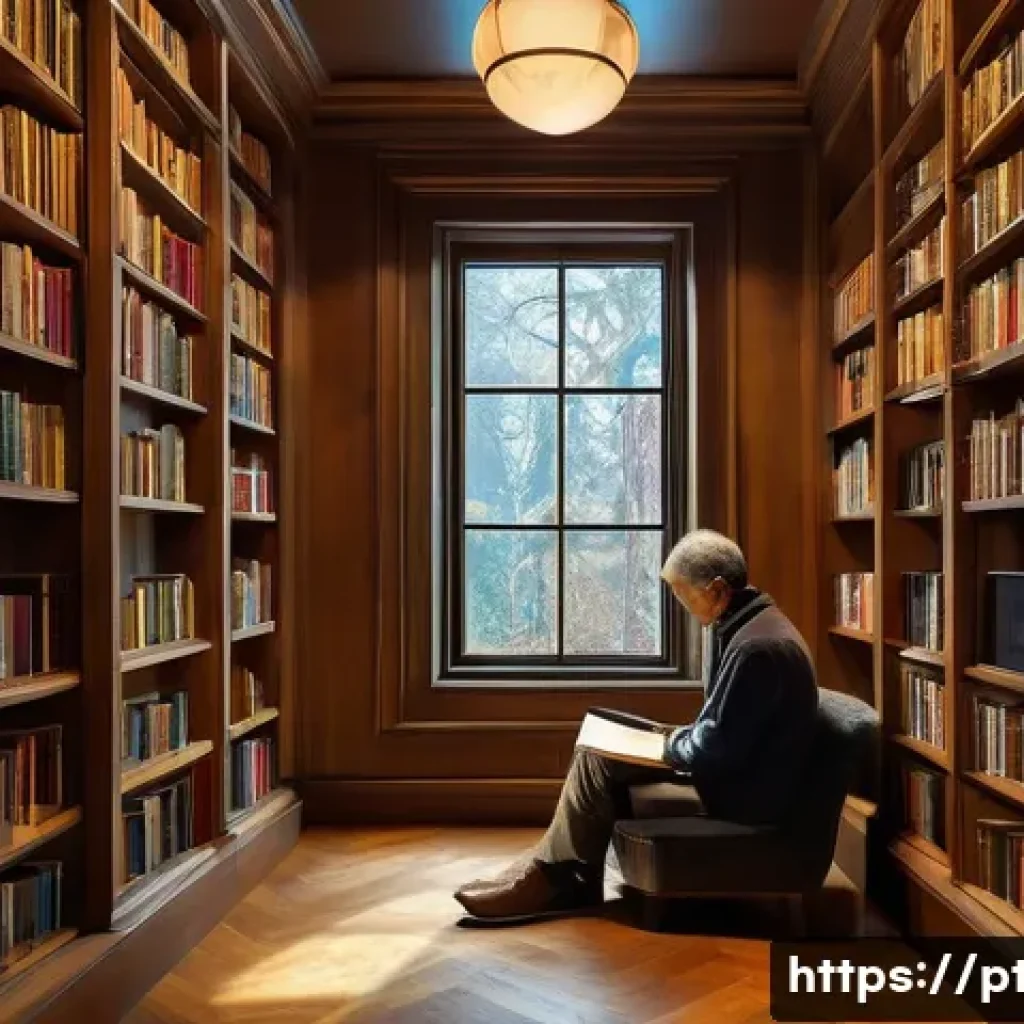 문학과 심리학 - A contemplative adult reader sitting in a cozy, warmly lit library corner filled with bookshelves, d...