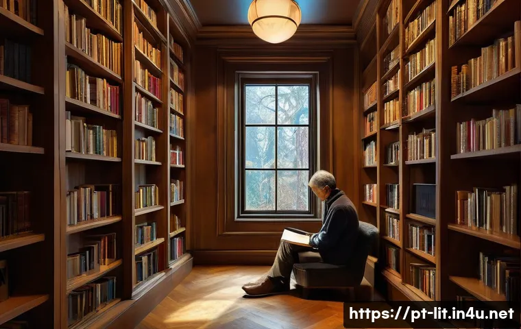 문학과 심리학 - A contemplative adult reader sitting in a cozy, warmly lit library corner filled with bookshelves, d...