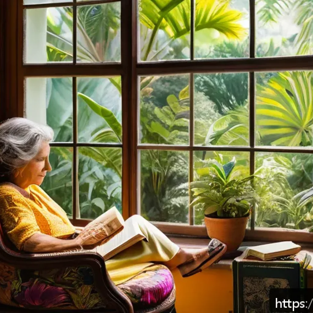 문학과 영화 비교 - A cozy reading nook filled with warm natural light streaming through a window overlooking a lush Bra...