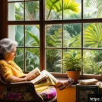 Home 18 문학과 영화 비교 - A cozy reading nook filled with warm natural light streaming through a window overlooking a lush Bra...