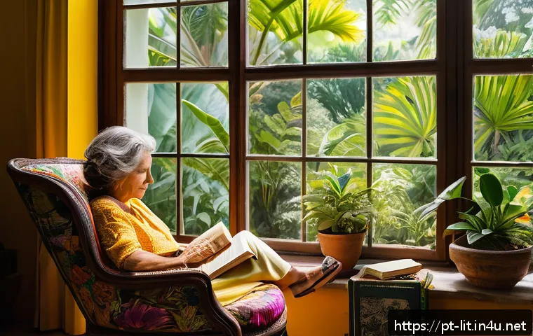 문학과 영화 비교 - A cozy reading nook filled with warm natural light streaming through a window overlooking a lush Bra...