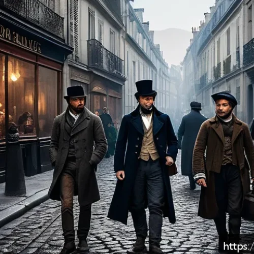 Home 17 고전 문학 필독서 추천 - A detailed, atmospheric scene depicting a 19th-century Parisian street inspired by Victor Hugo’s “Le...