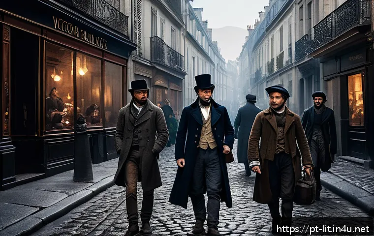 고전 문학 필독서 추천 - A detailed, atmospheric scene depicting a 19th-century Parisian street inspired by Victor Hugo’s “Le...