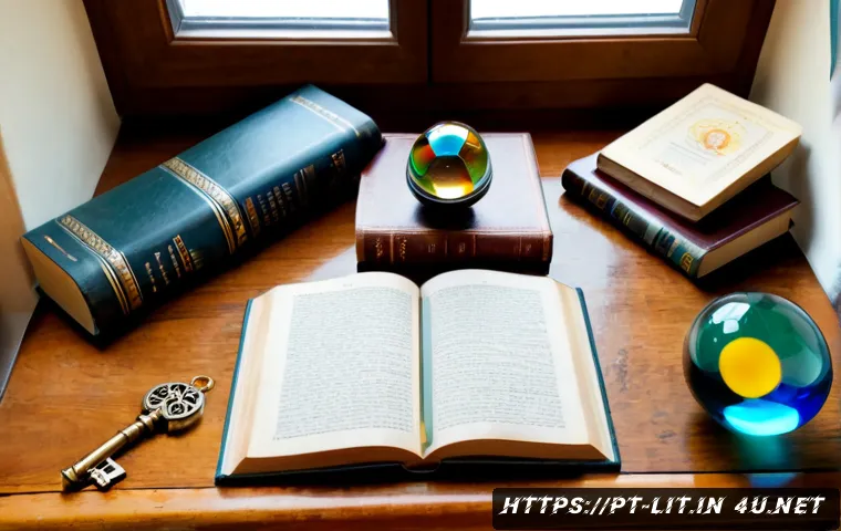 문학적 장르 구분 - Photorealistic overhead still life of several visually distinct book genres arranged on a warm woode...